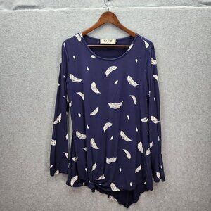 DJT Womens Navy Blue Feather Print Long Sleeve‎ Tunic Top L